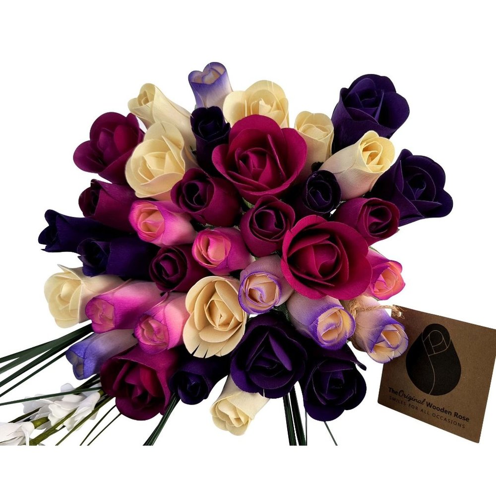 3 Dozen Deluxe Purple Dreams Flower Bouquet. The Original Wooden Rose.